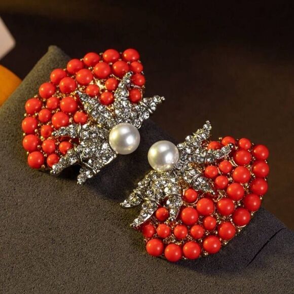 Red Coral & Pearl Statement Earrings – Vintage Glamour! - Picture 1 of 6